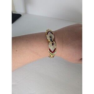 Gold Tone Clamper Bracelet Multicolored Rhinestones One Missing